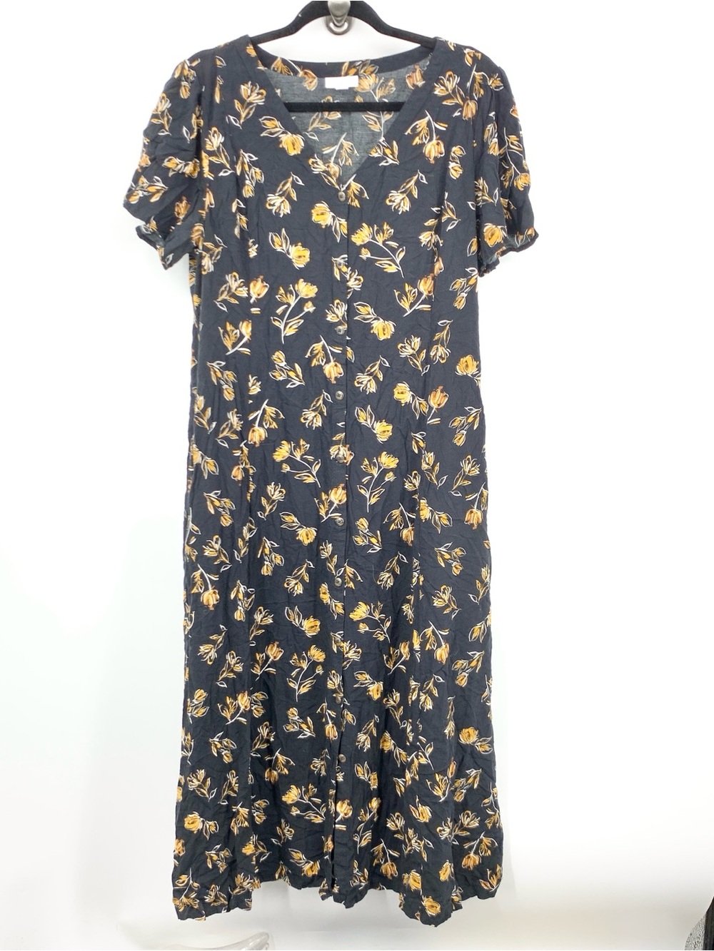 J Jill Women Size Large Dress Black Yellow Floral Button Front Back Tie Midi
